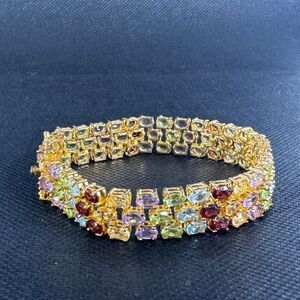 14K yellow gold over S-Silver ladies 7" multi gemstone 3-row tennis bracelet